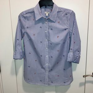 Petite blue/white striped top with stenciled blue and red butterflies. Talbots.